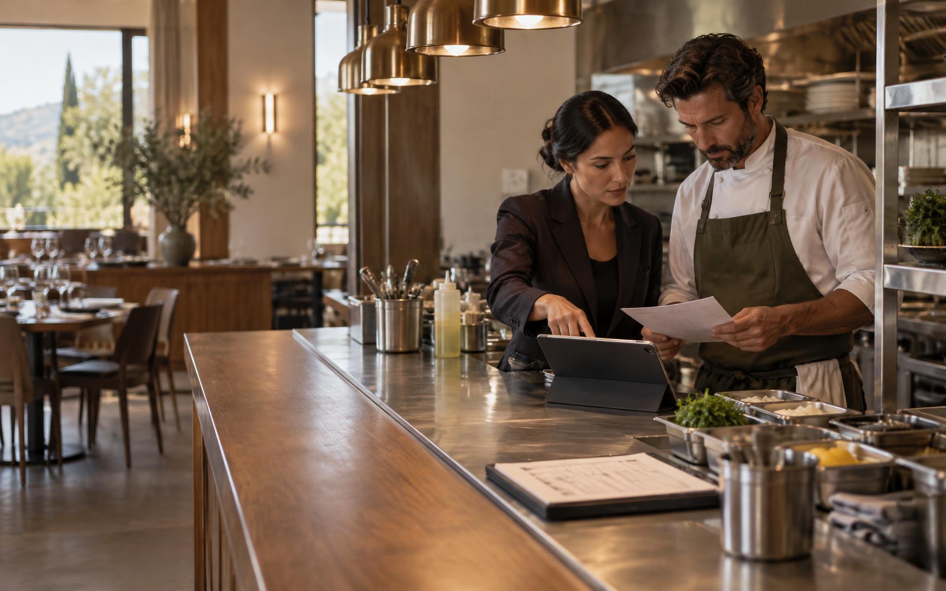 Restaurant general manager and kitchen lead reviewing the pre-service plan together at a stainless pass.