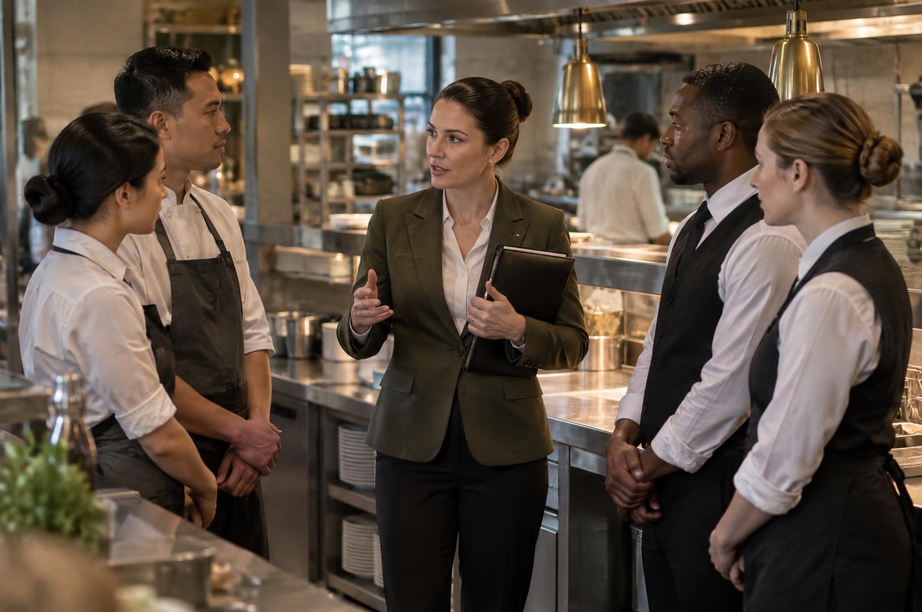 General manager leading a calm pre-shift lineup with four restaurant team members.