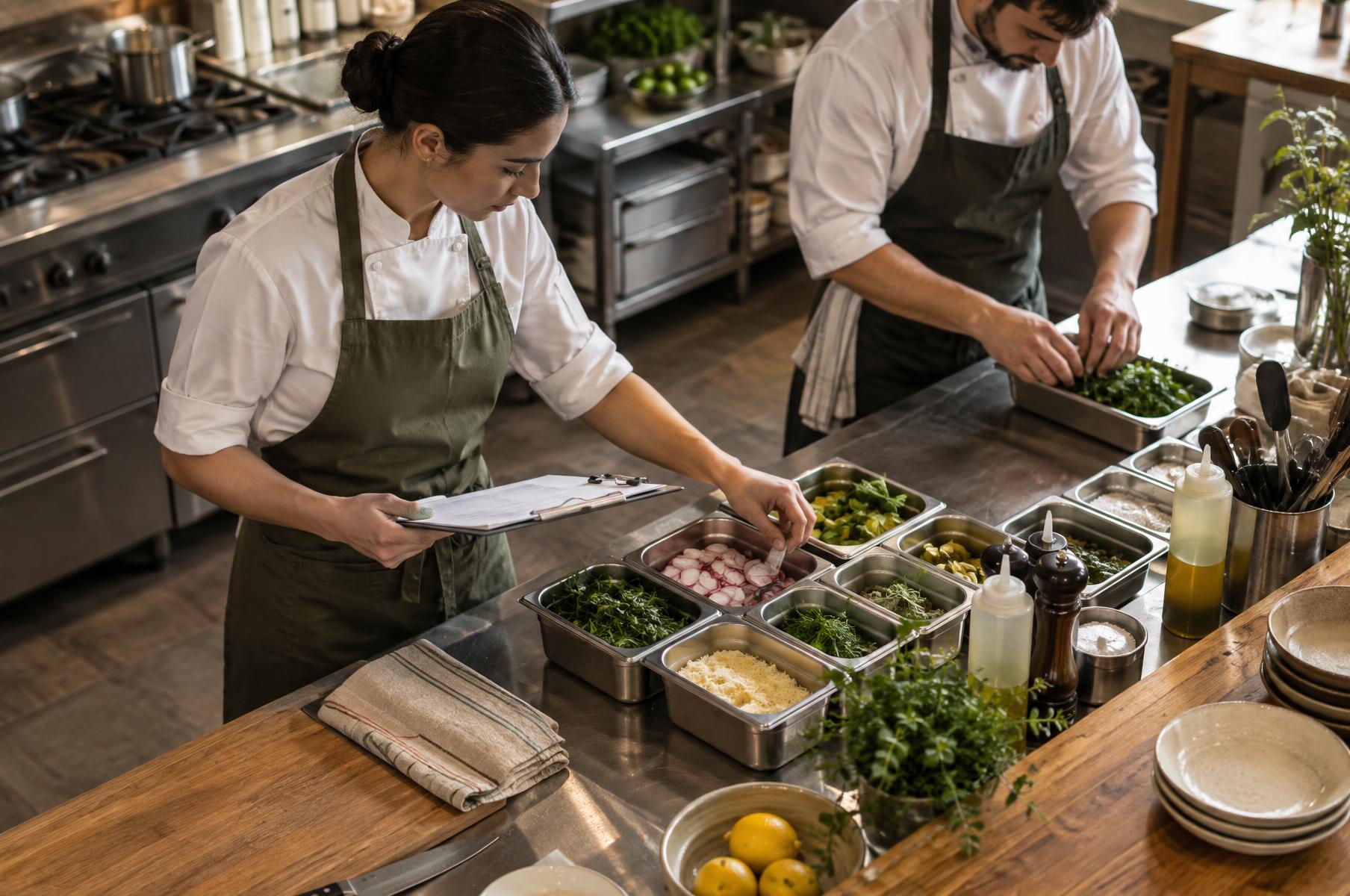 Prep lead checking ingredient quantities while a teammate arranges a station before lunch.